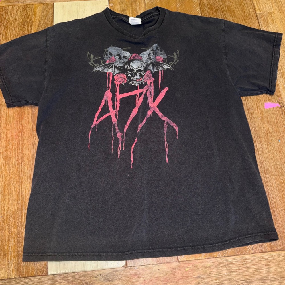 Avenged Sevenfold T Shirt Mens L Black Good A7X Deathbat Skulls Pink Roses Tee